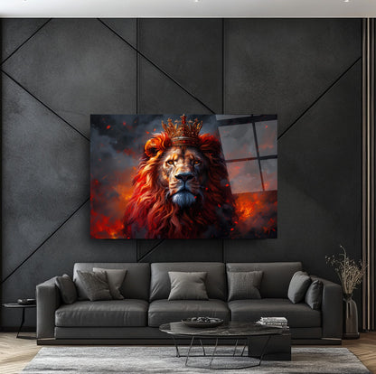 Taçlı Kızıl Aslan Cam Tablo