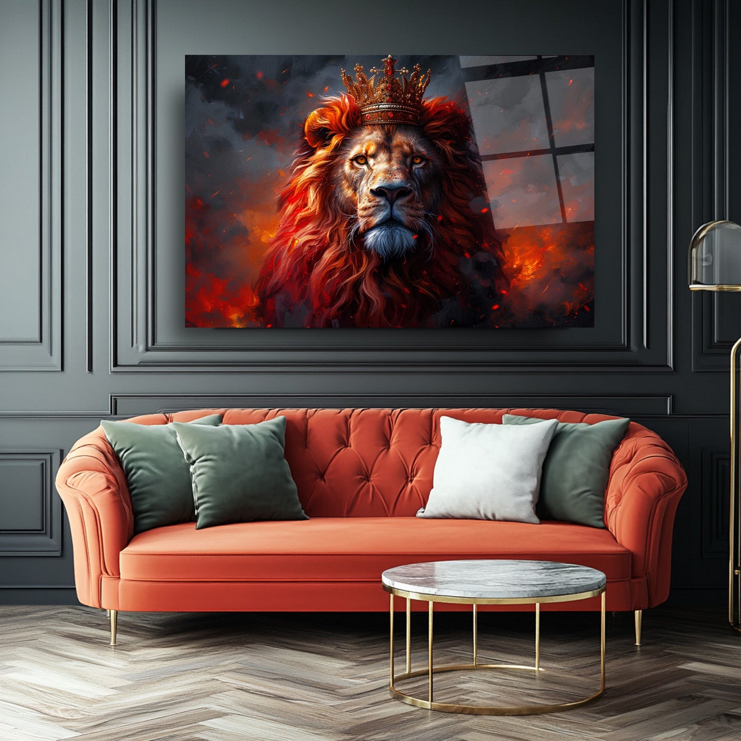 Taçlı Kızıl Aslan Cam Tablo