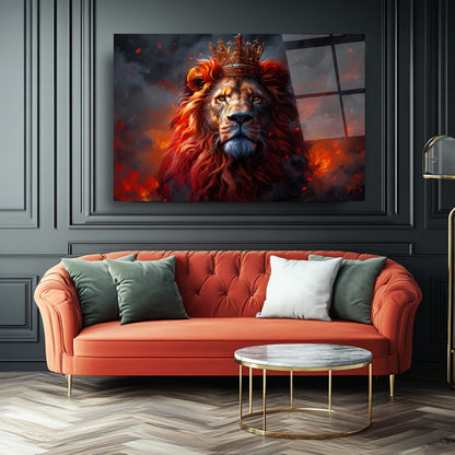 Taçlı Kızıl Aslan Cam Tablo