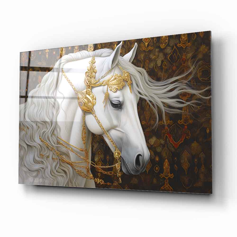 Gold Detaylı Beyaz At Cam Tablo