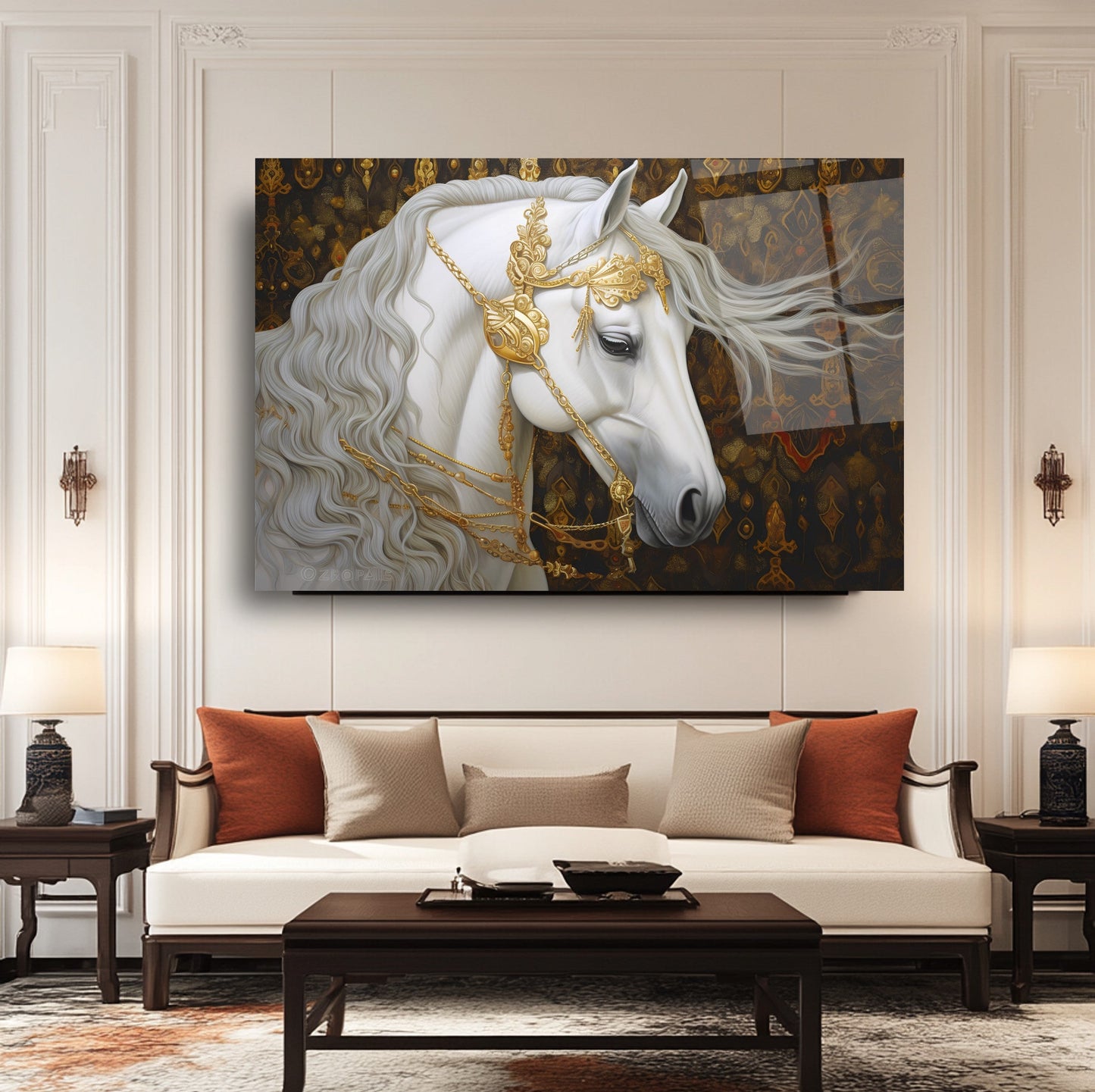 Gold Detaylı Beyaz At Cam Tablo