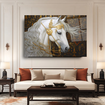 Gold Detaylı Beyaz At Cam Tablo