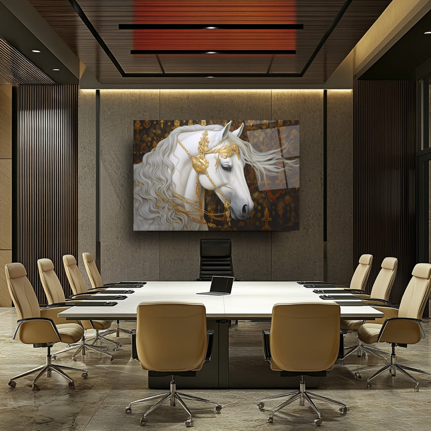 Gold Detaylı Beyaz At Cam Tablo