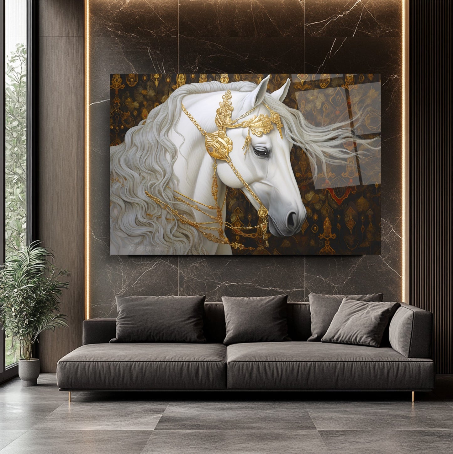 Gold Detaylı Beyaz At Cam Tablo