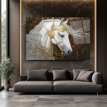 Gold Detaylı Beyaz At Cam Tablo