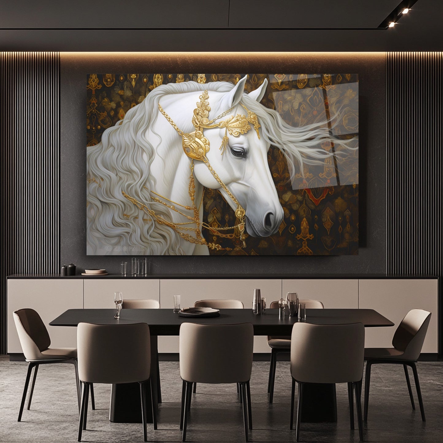 Gold Detaylı Beyaz At Cam Tablo