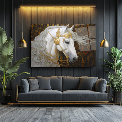Gold Detaylı Beyaz At Cam Tablo