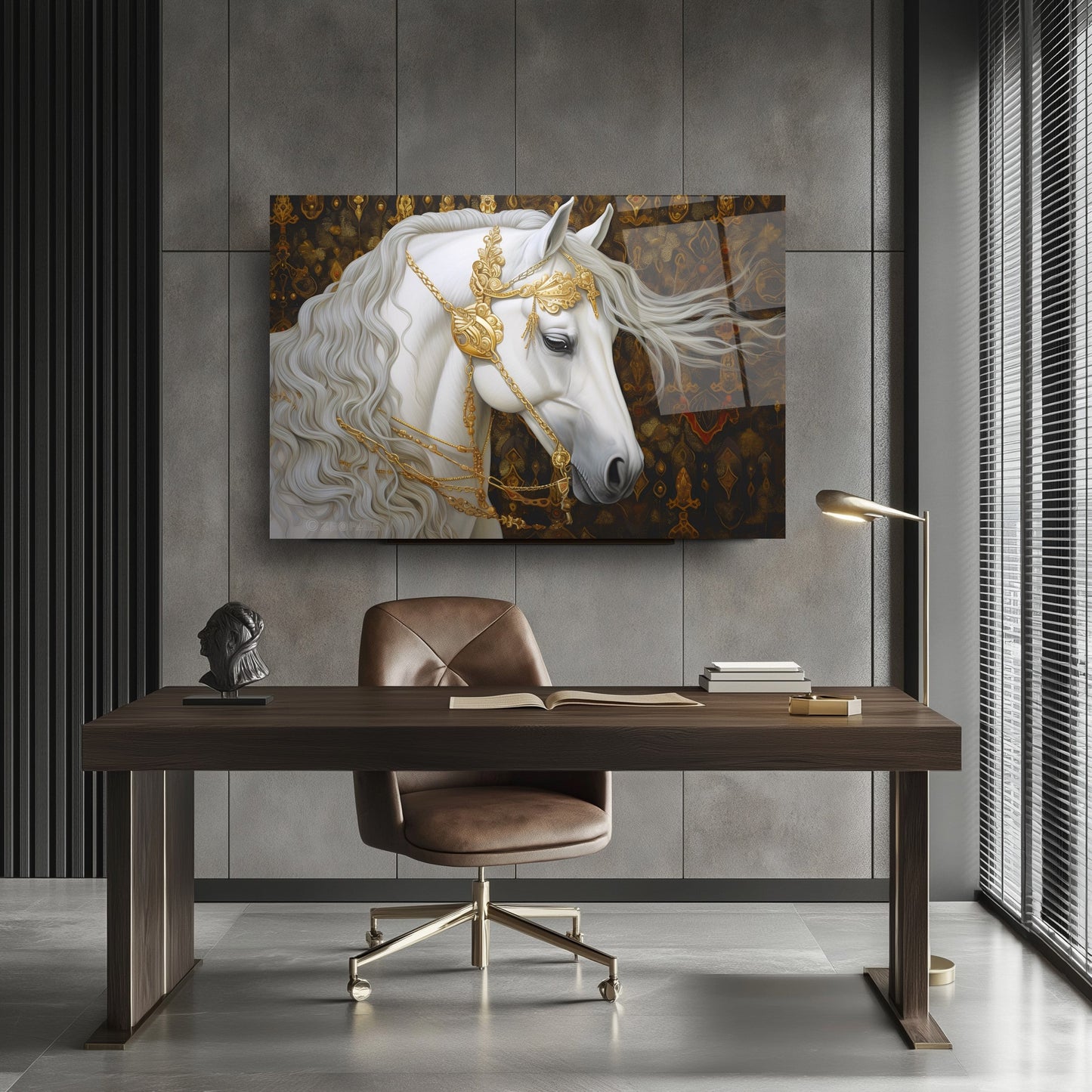 Gold Detaylı Beyaz At Cam Tablo