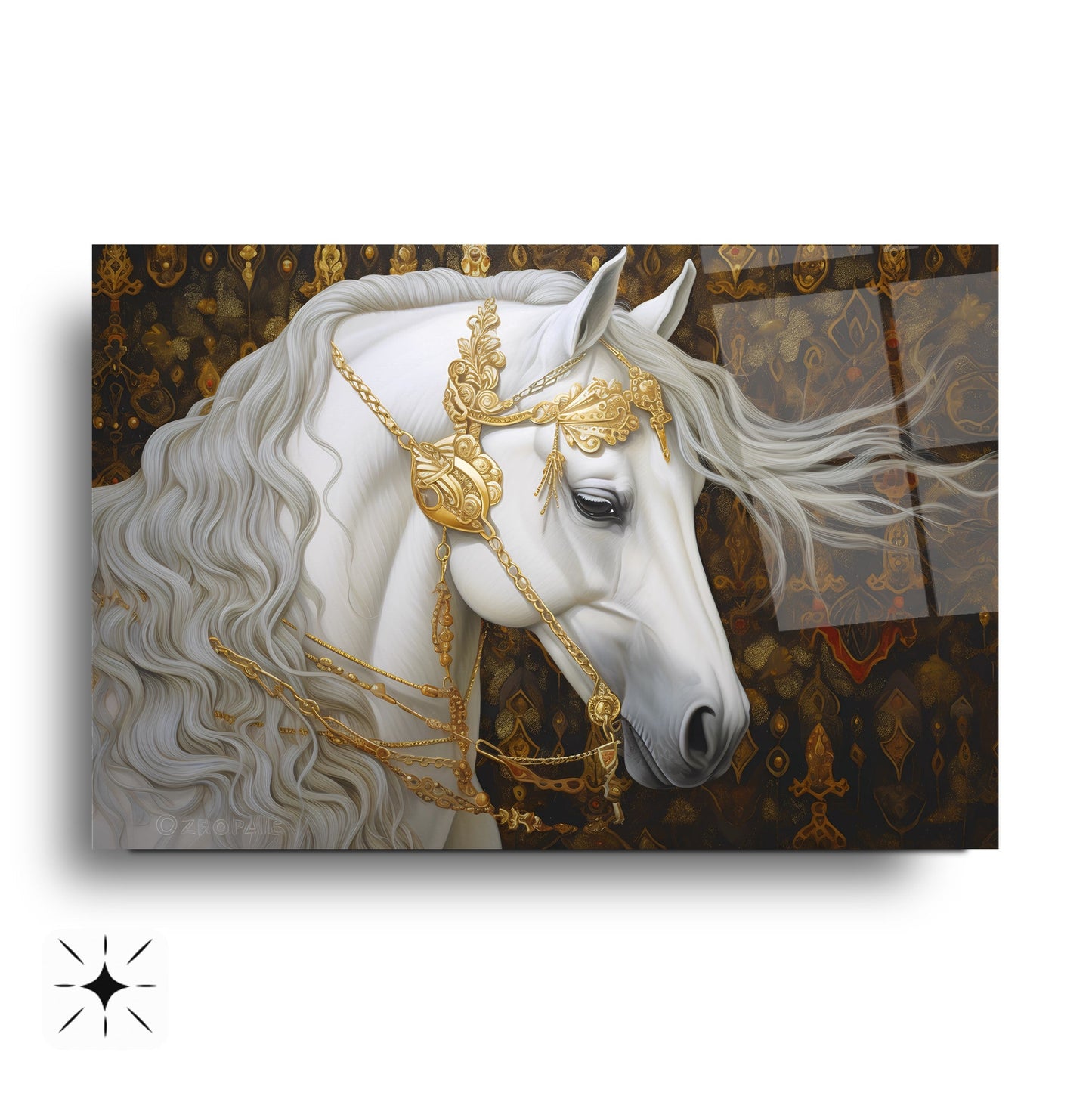 Gold Detaylı Beyaz At Cam Tablo