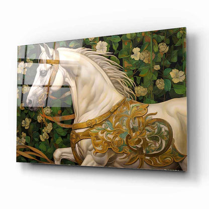 Çiçekli Beyaz At Cam Tablo