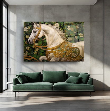 Çiçekli Beyaz At Cam Tablo