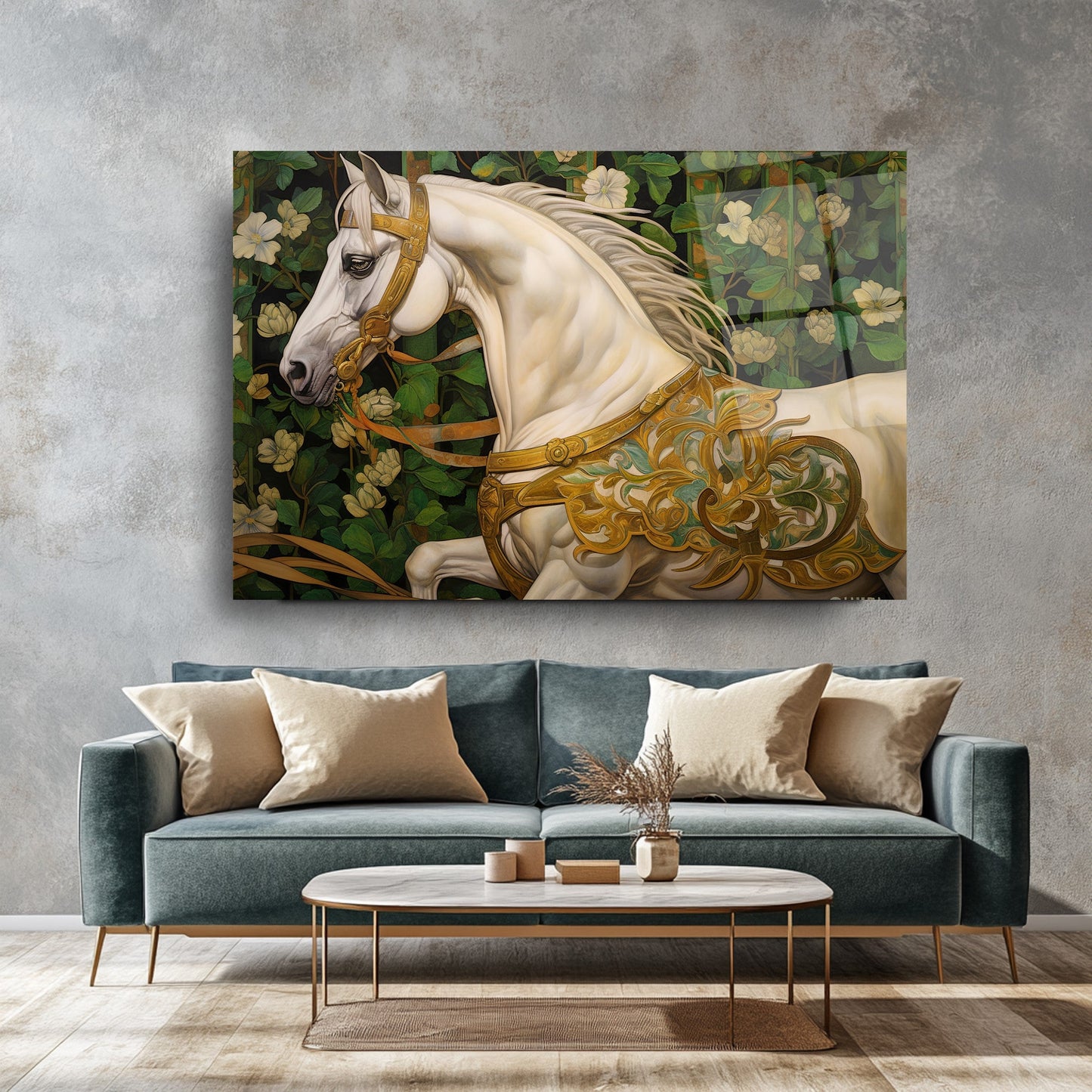 Çiçekli Beyaz At Cam Tablo