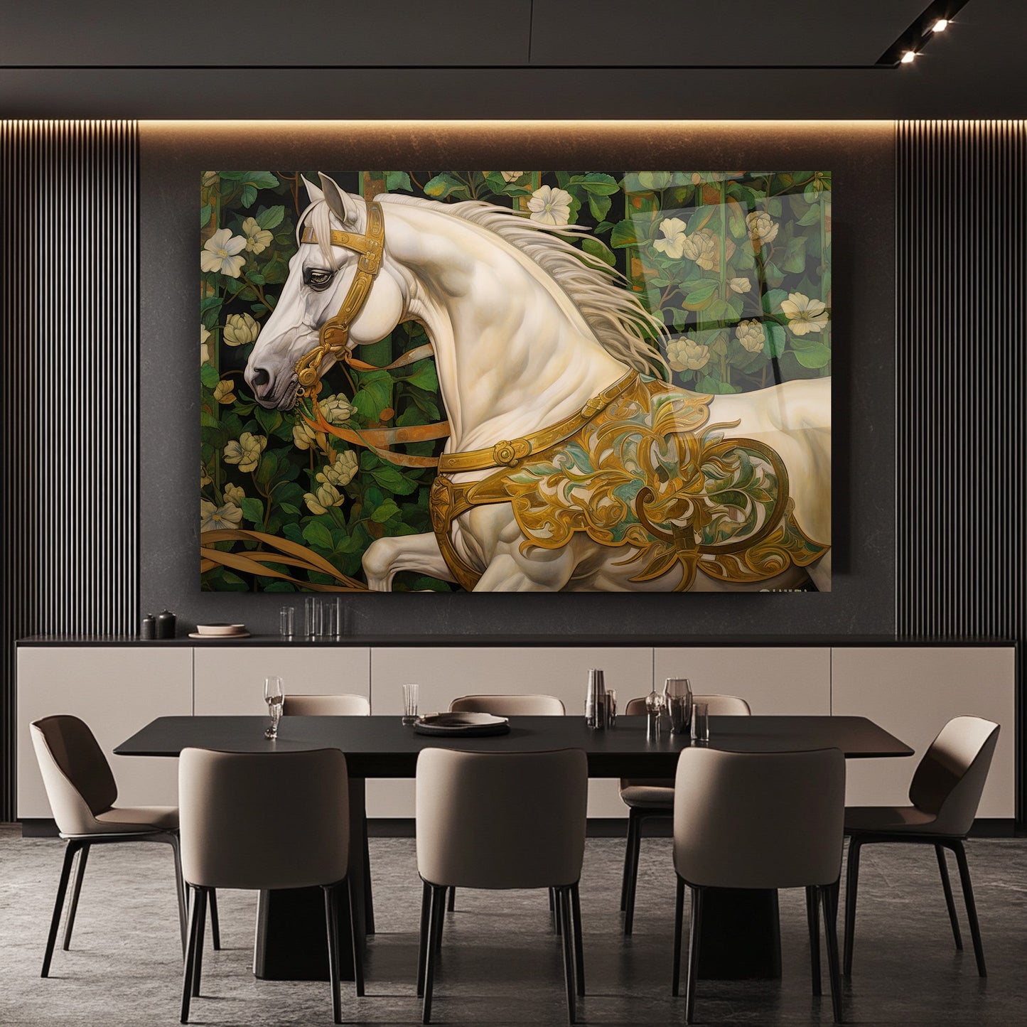 Çiçekli Beyaz At Cam Tablo