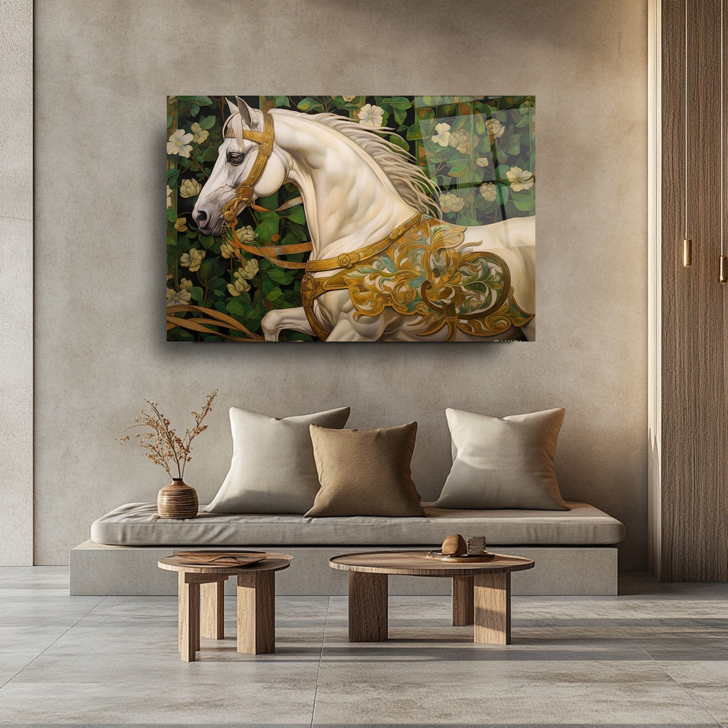 Çiçekli Beyaz At Cam Tablo