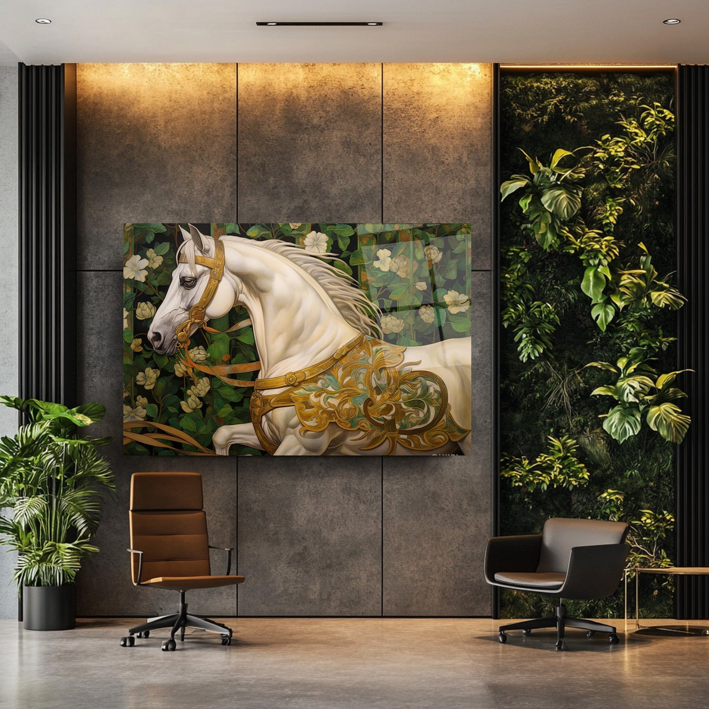 Çiçekli Beyaz At Cam Tablo