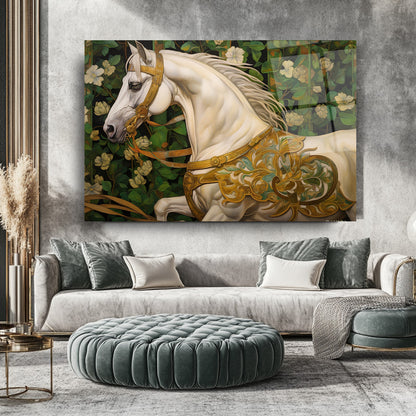 Çiçekli Beyaz At Cam Tablo
