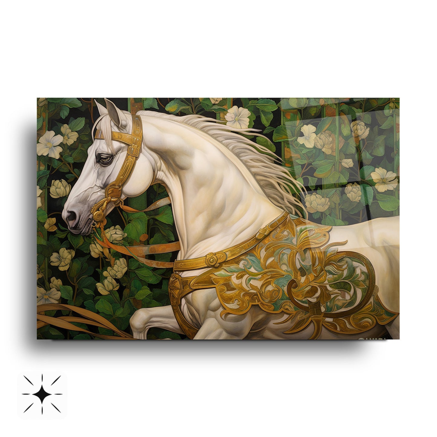 Çiçekli Beyaz At Cam Tablo