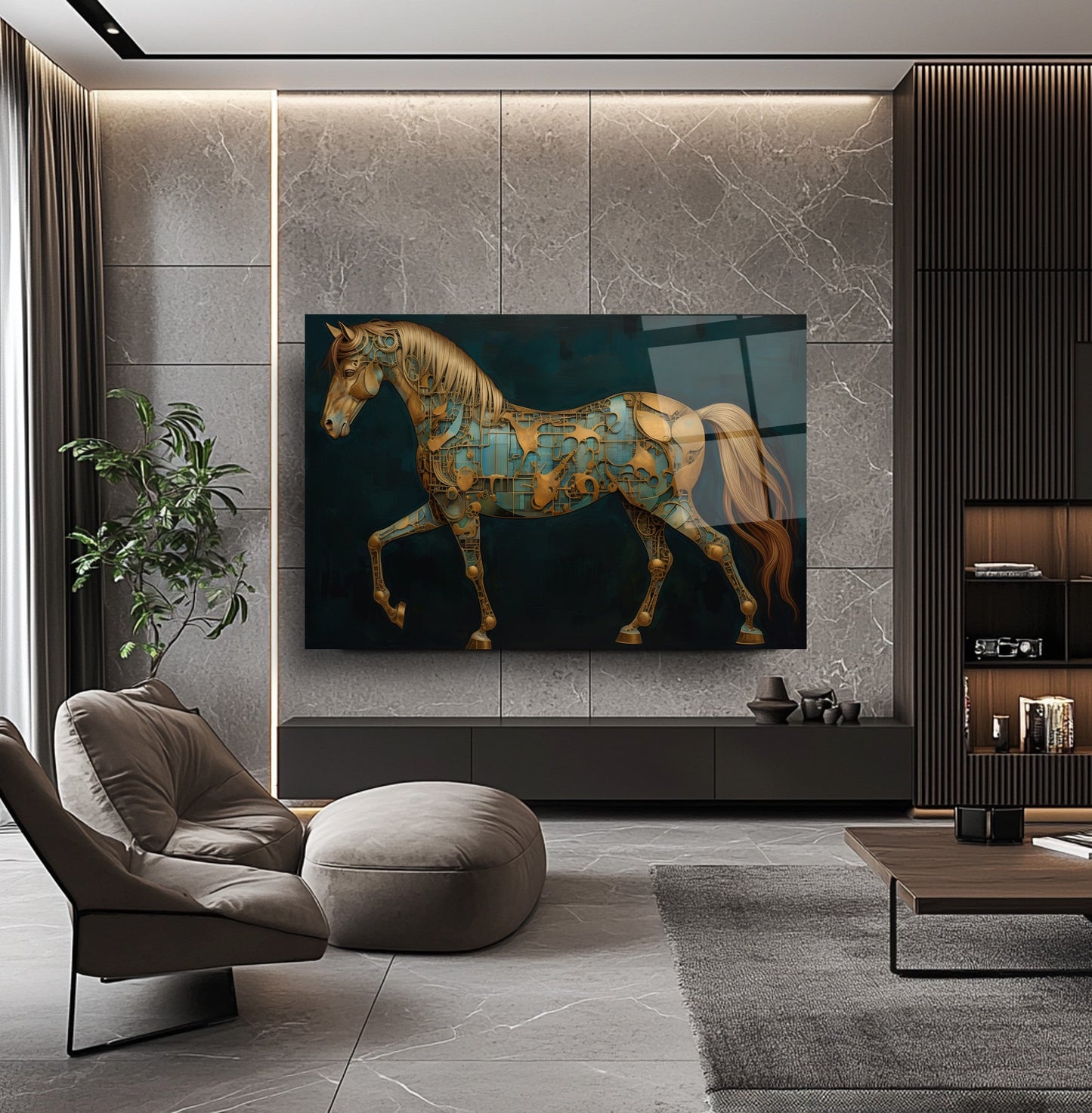 Gold Yeşil Metalik At Cam Tablo