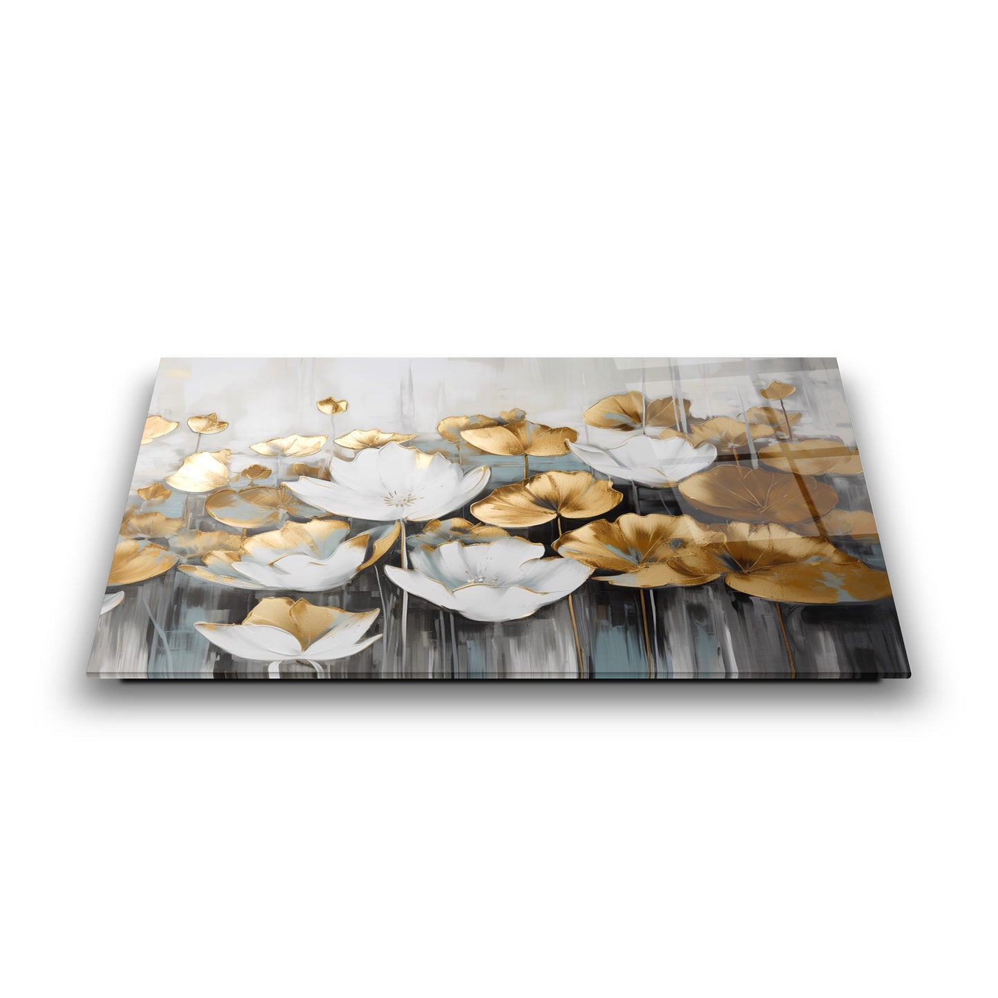 Gold Beyaz Çiçekler Cam Tablo