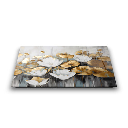 Gold Beyaz Çiçekler Cam Tablo