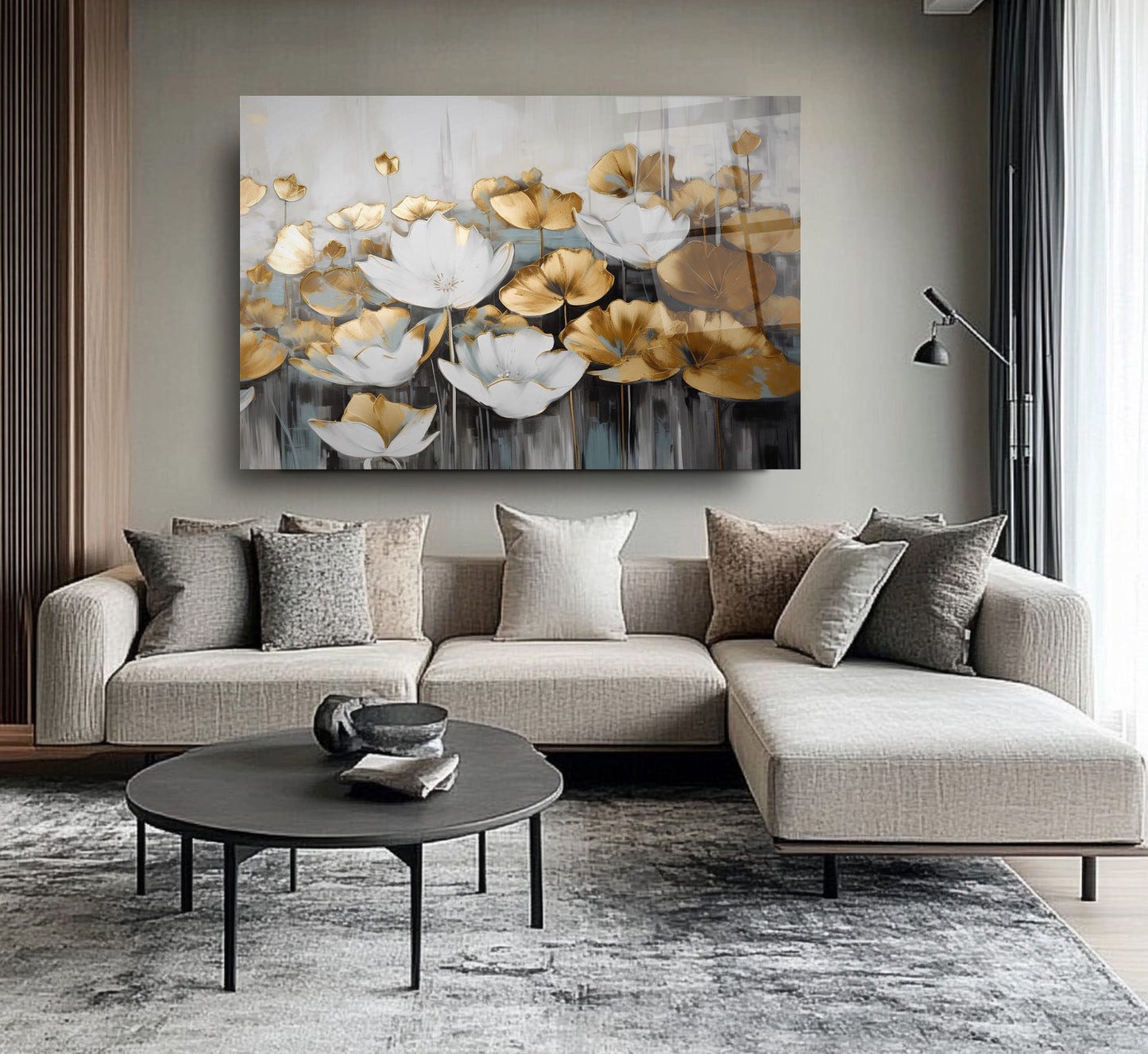 Gold Beyaz Çiçekler Cam Tablo