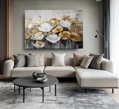 Gold Beyaz Çiçekler Cam Tablo