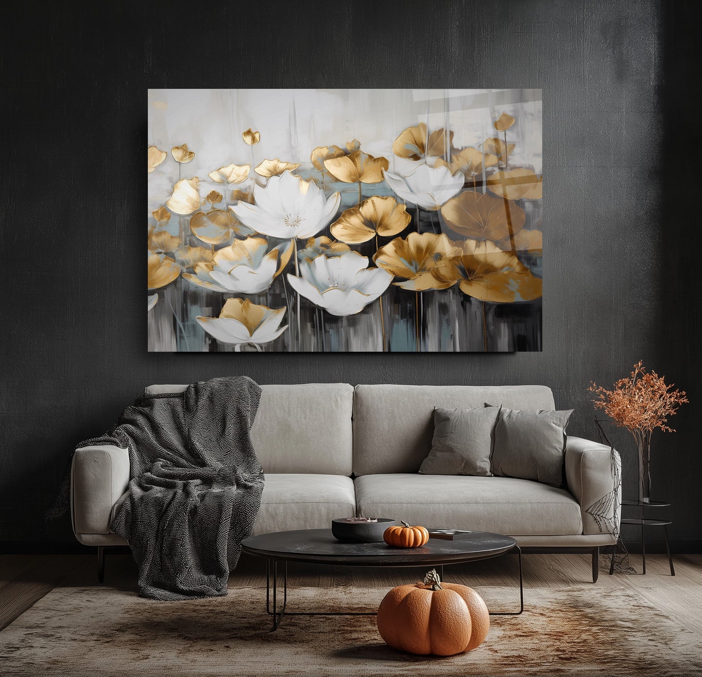 Gold Beyaz Çiçekler Cam Tablo