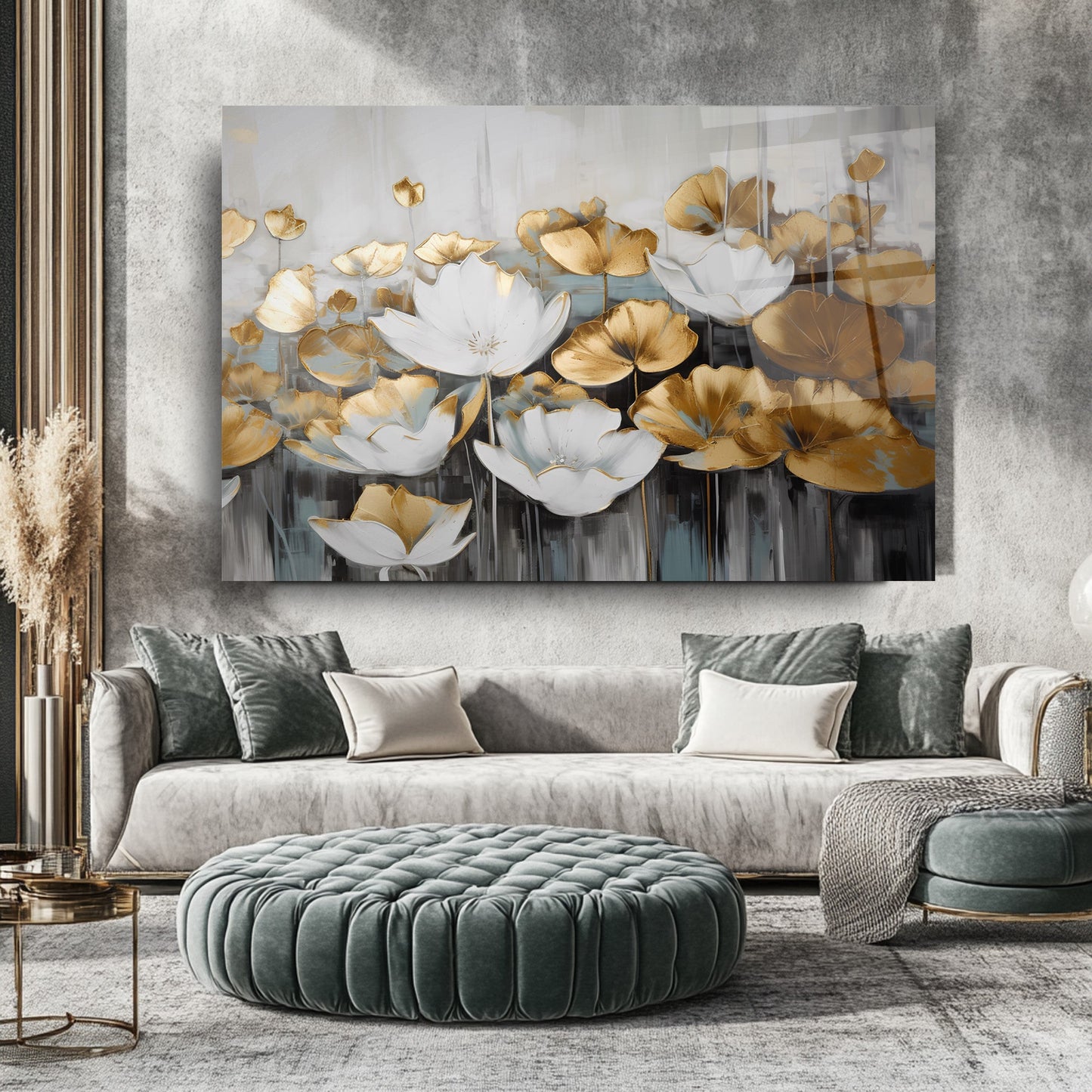 Gold Beyaz Çiçekler Cam Tablo