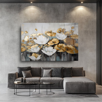 Gold Beyaz Çiçekler Cam Tablo