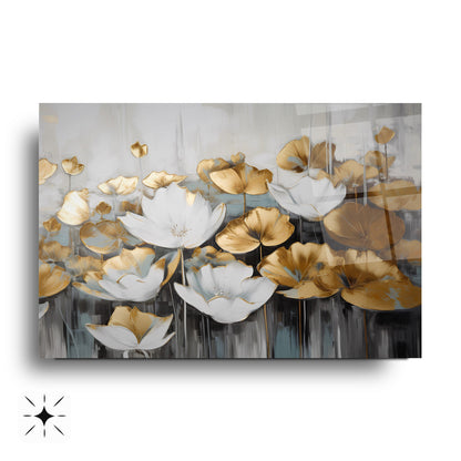 Gold Beyaz Çiçekler Cam Tablo
