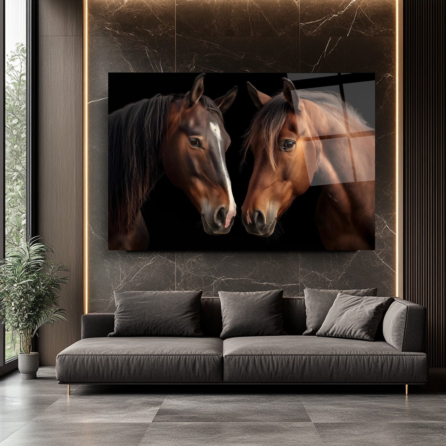 Kahverengi Atlar Cam Tablo