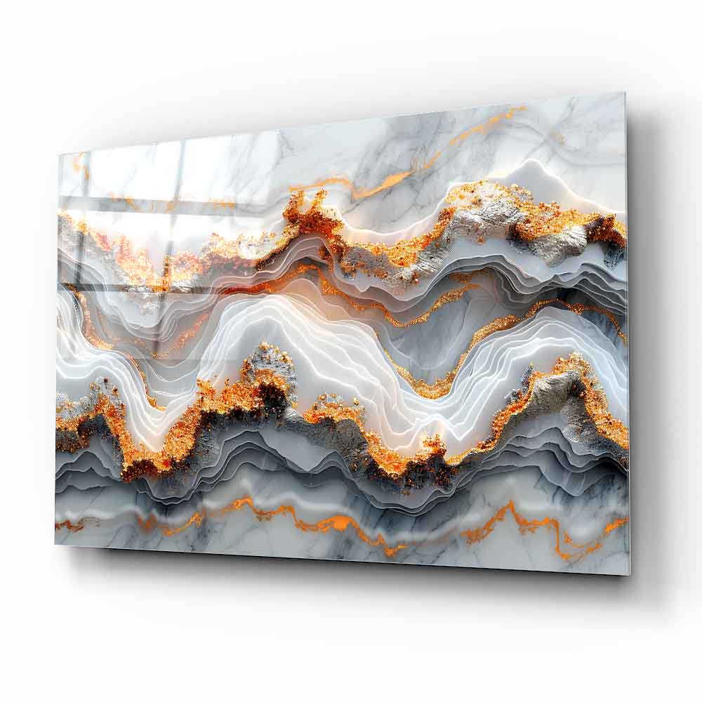 Beyaz Gold Mermer Desen Cam Tablo