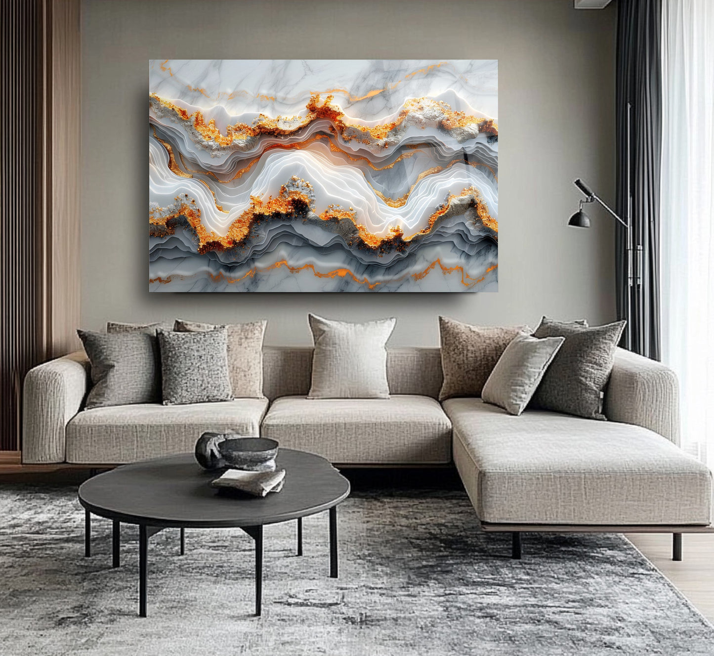 Beyaz Gold Mermer Desen Cam Tablo