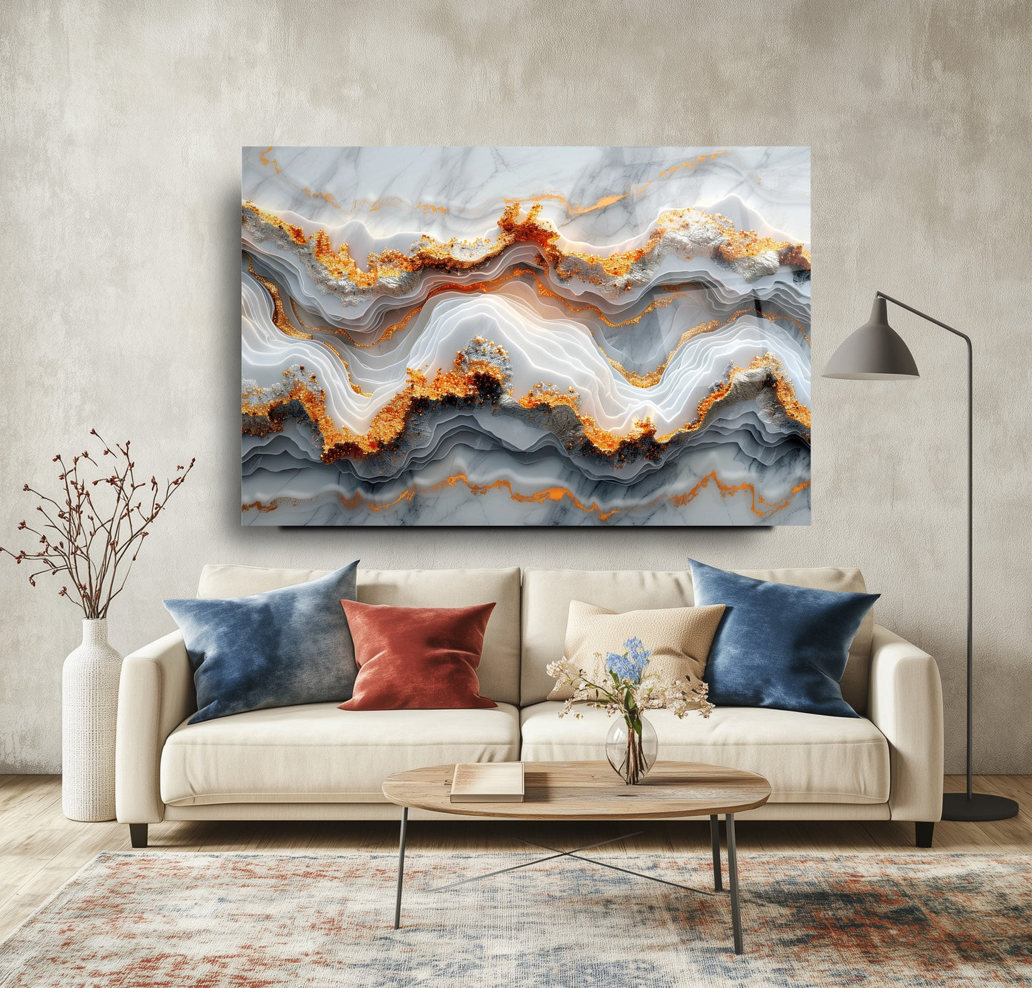 Beyaz Gold Mermer Desen Cam Tablo