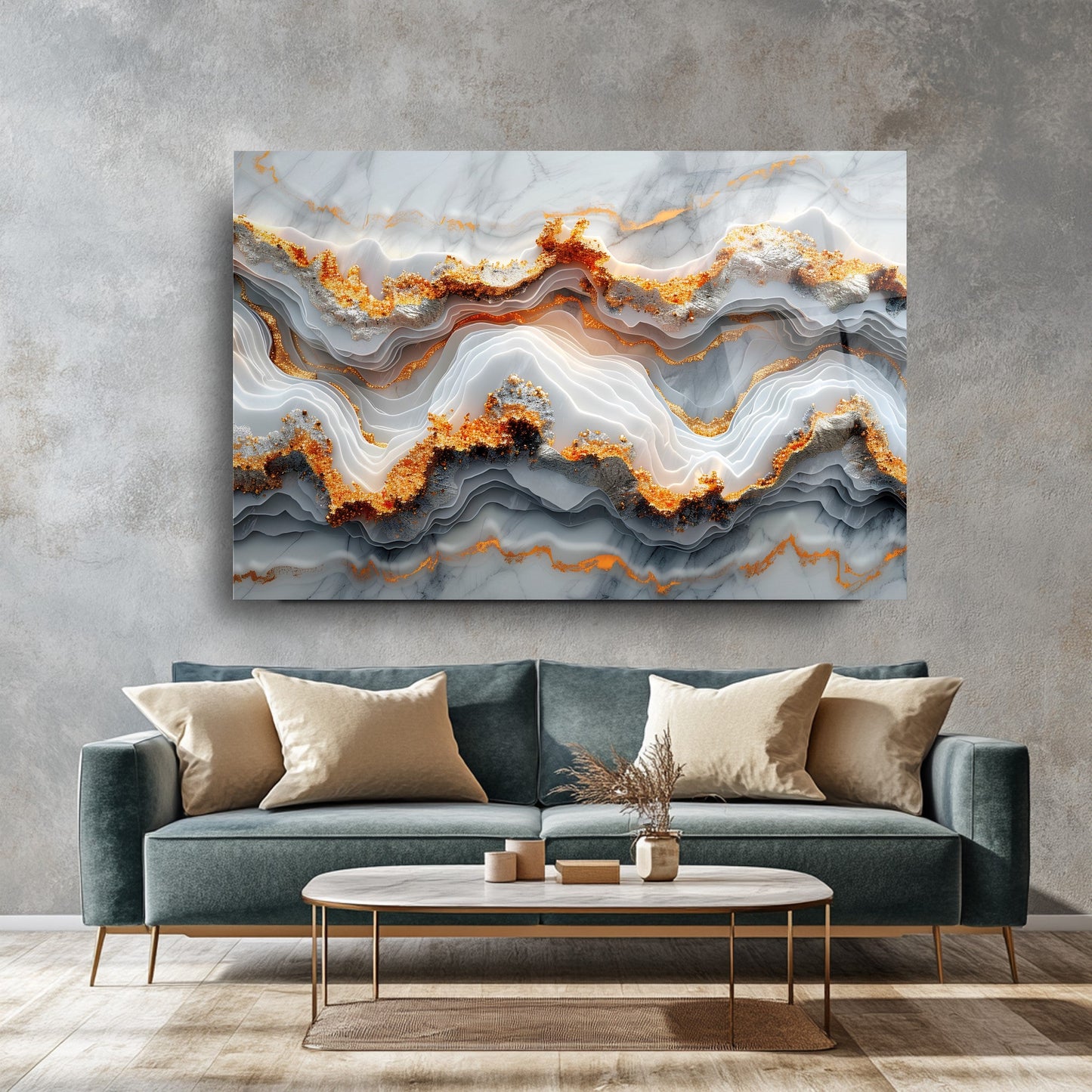 Beyaz Gold Mermer Desen Cam Tablo