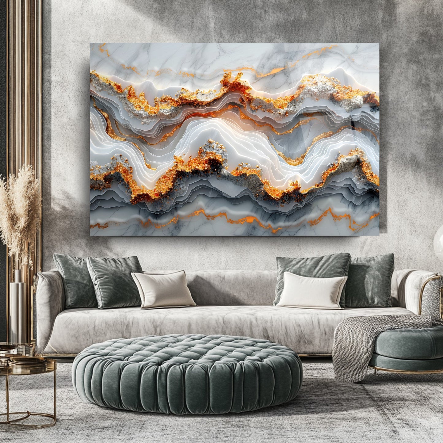 Beyaz Gold Mermer Desen Cam Tablo