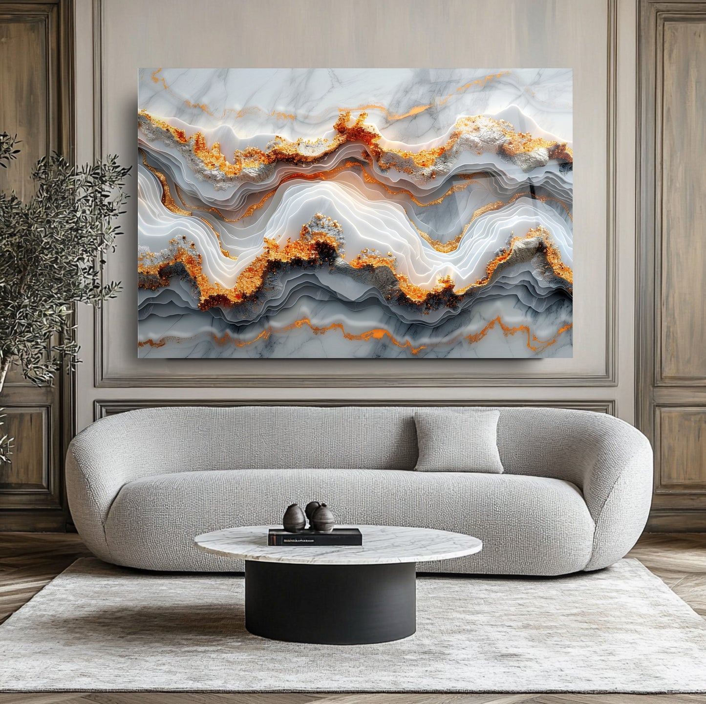 Beyaz Gold Mermer Desen Cam Tablo