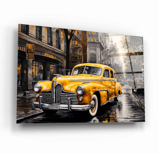 Sarı Klasik Retro Araba Cam Tablo