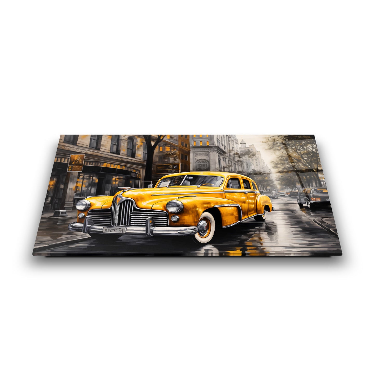 Sarı Klasik Retro Araba Cam Tablo