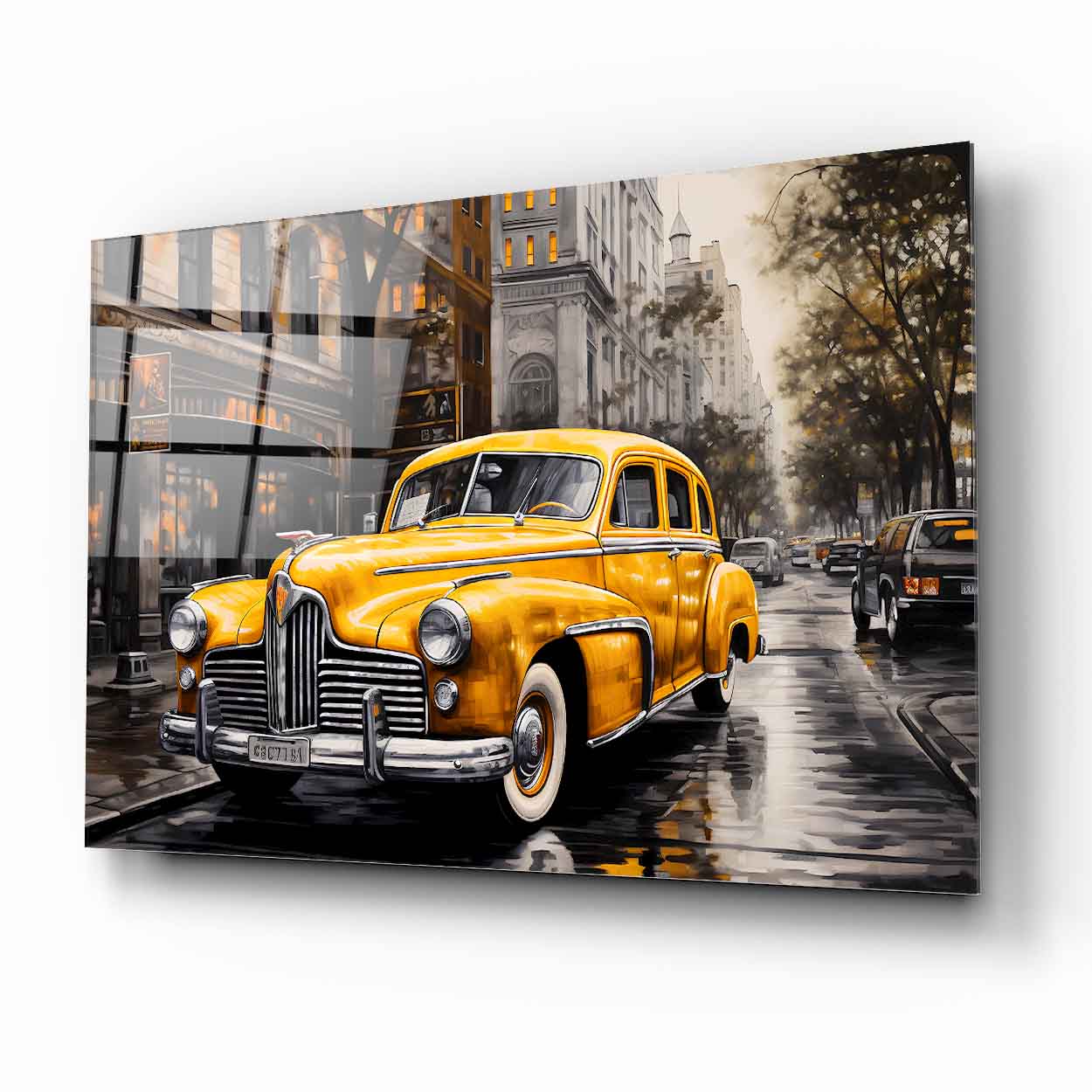 Sarı Klasik Retro Araba Cam Tablo