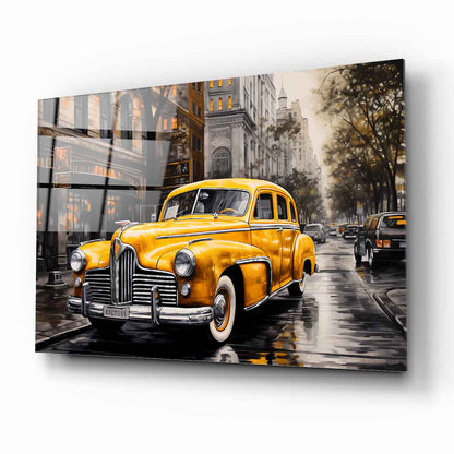 Sarı Klasik Retro Araba Cam Tablo