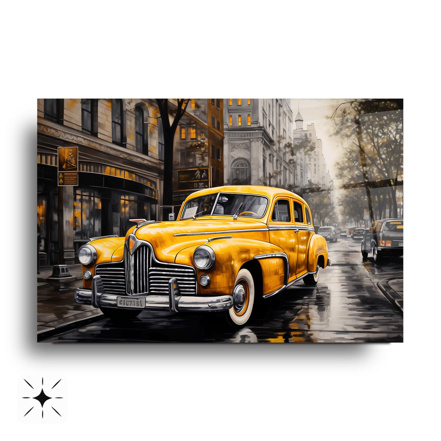 Sarı Klasik Retro Araba Cam Tablo