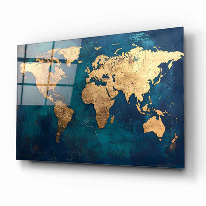 Gold Dünya Haritası Cam Tablo