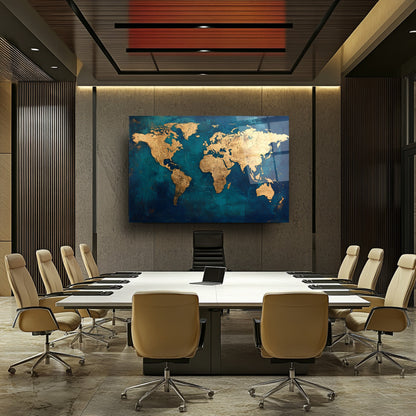 Gold Dünya Haritası Cam Tablo