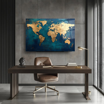 Gold Dünya Haritası Cam Tablo