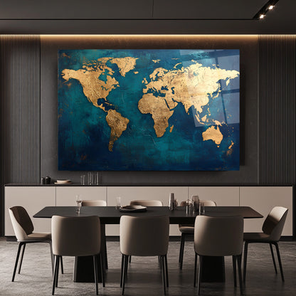 Gold Dünya Haritası Cam Tablo