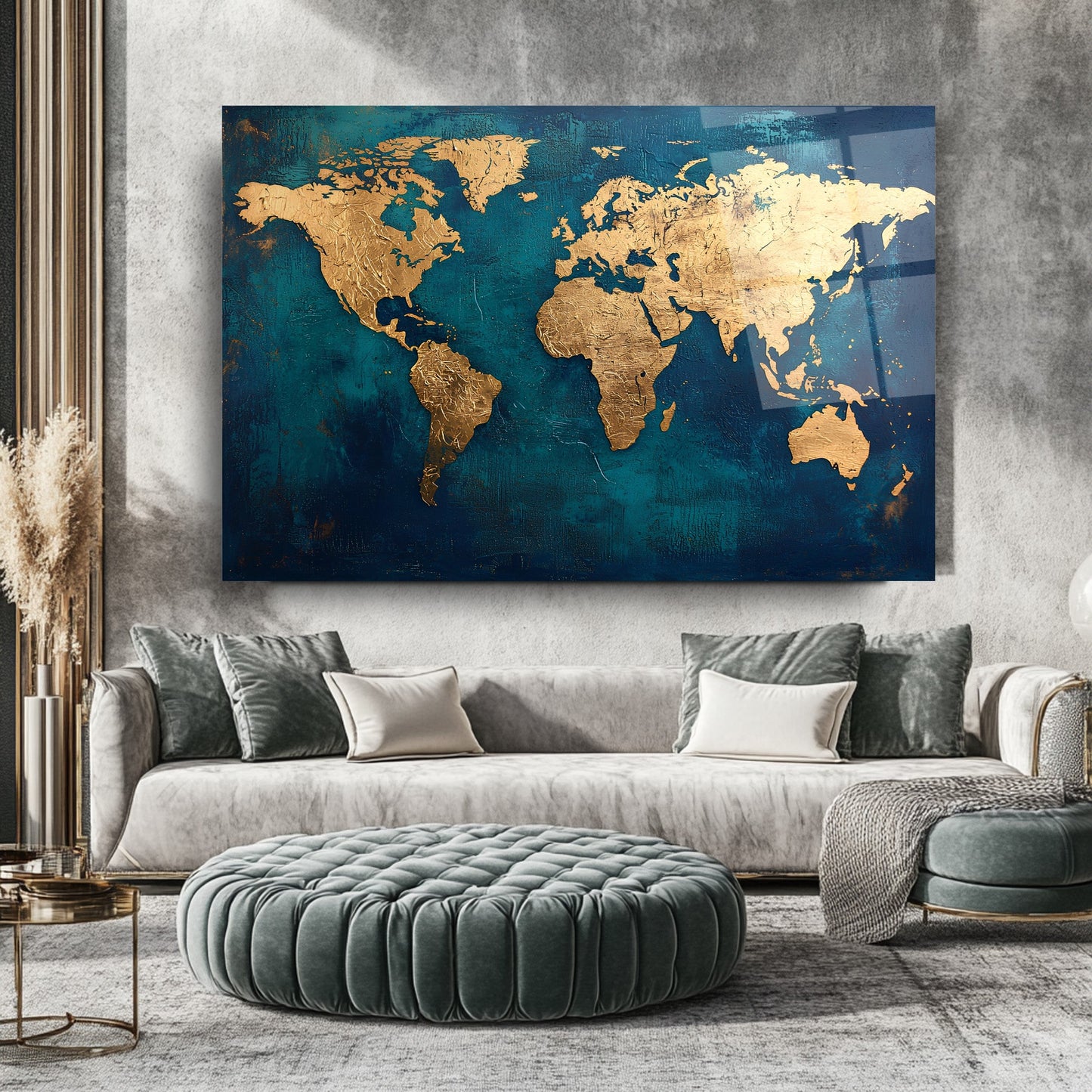 Gold Dünya Haritası Cam Tablo