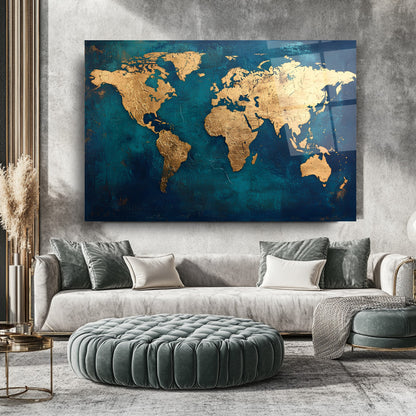 Gold Dünya Haritası Cam Tablo