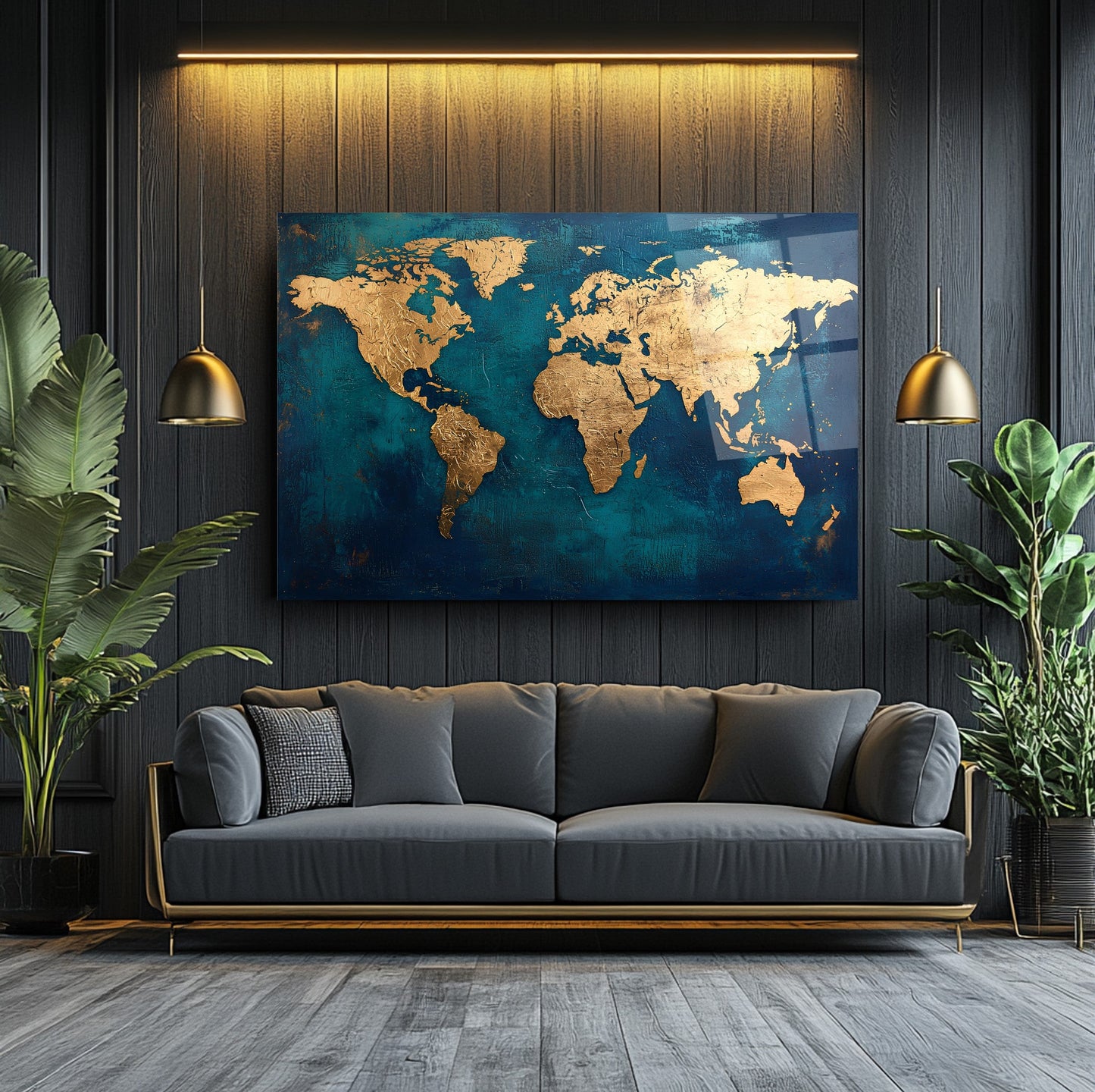 Gold Dünya Haritası Cam Tablo