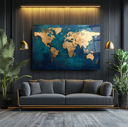 Gold Dünya Haritası Cam Tablo